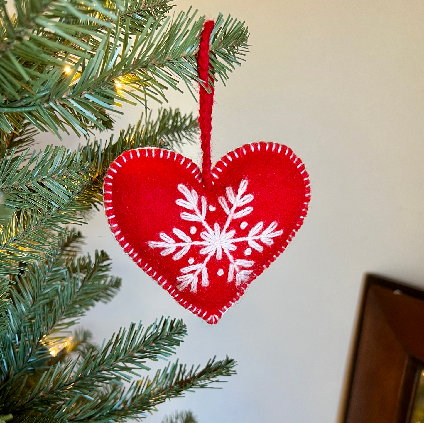 Heart Embroidered Wool Christmas Ornament: Red