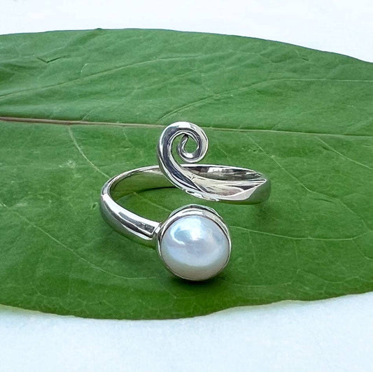 Pearl Spiral Adjustable Ring- Sterling Silver, Indonesia