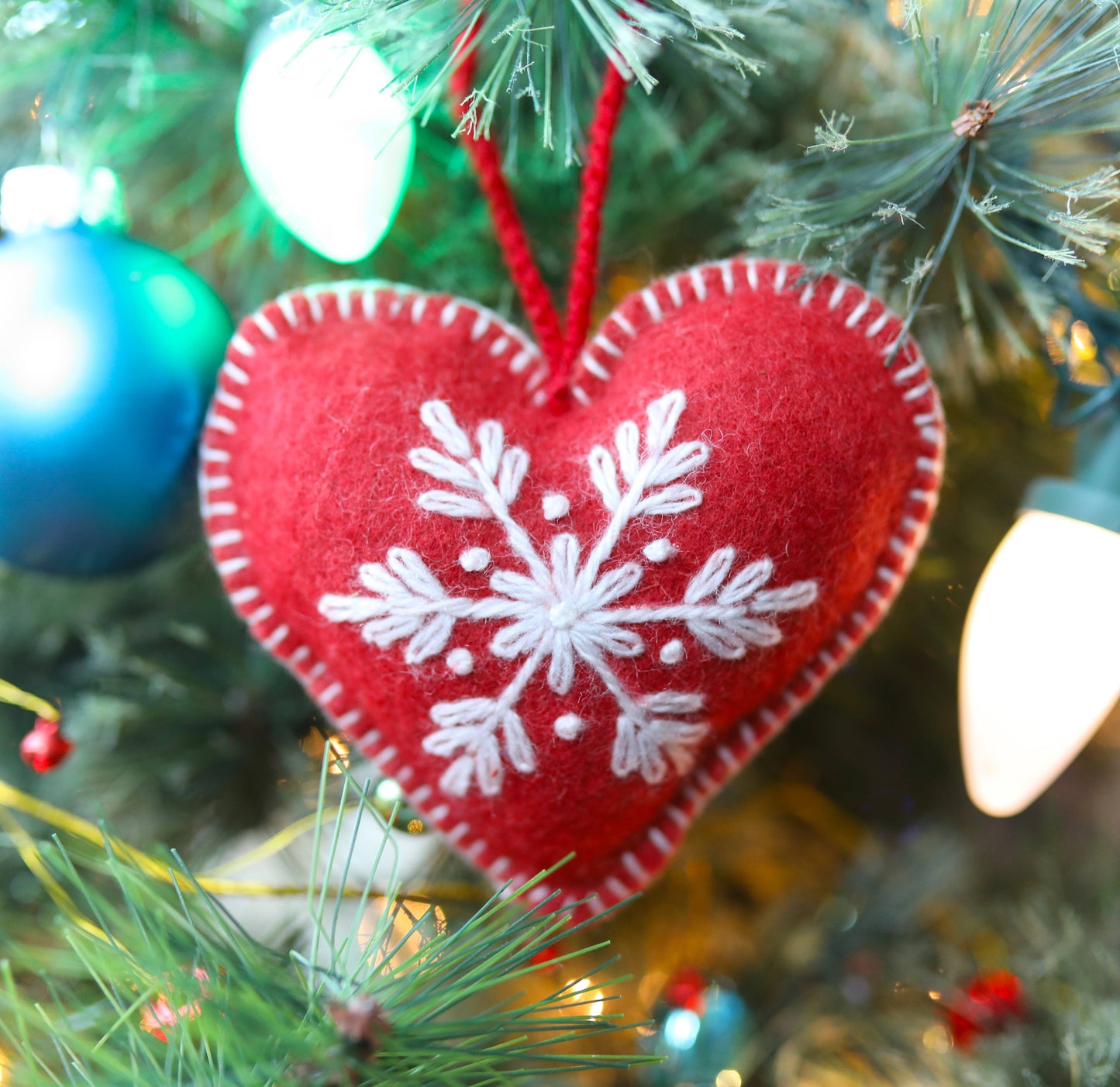 Heart Embroidered Wool Christmas Ornament: Red
