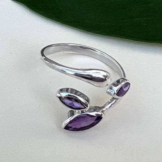 Women's Peace Collection - Amethyst Leaf Adjustable Ring- Sterling Silver, Indonesia
