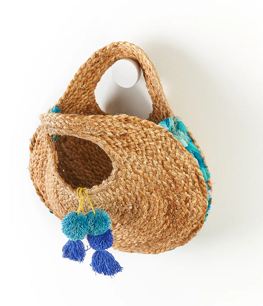 Jute Round Handbag with Blue Pom Pom Tassel and Upcycled Sari Trim