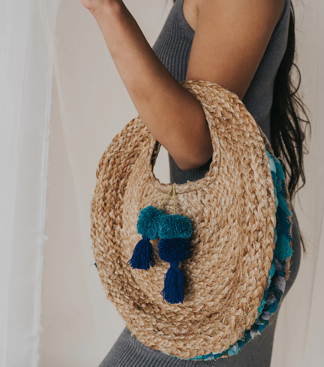 Jute Round Handbag with Blue Pom Pom Tassel and Upcycled Sari Trim