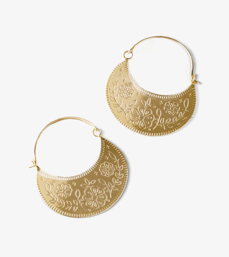 Haveli Etched Hoop Earrings-Silver toned brass