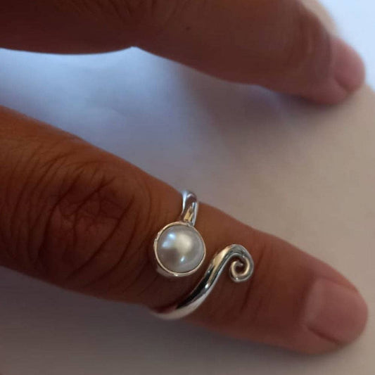 Women's Peace Collection - Pearl Spiral Adjustable Ring- Sterling Silver, Indonesia