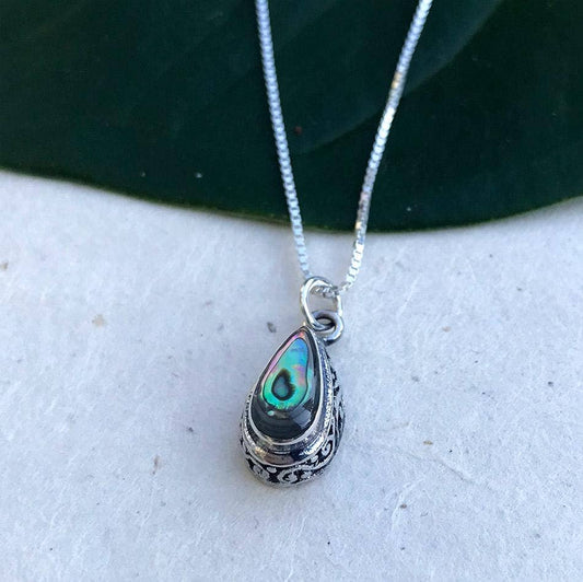 Abalone Teardrop Filigree Necklace - Sterling Silver, Indonesia