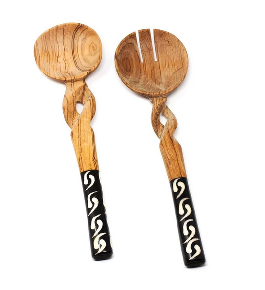 Olive Wood & Batik Braided Serving Spoon Set - CJ Gift Shoppe