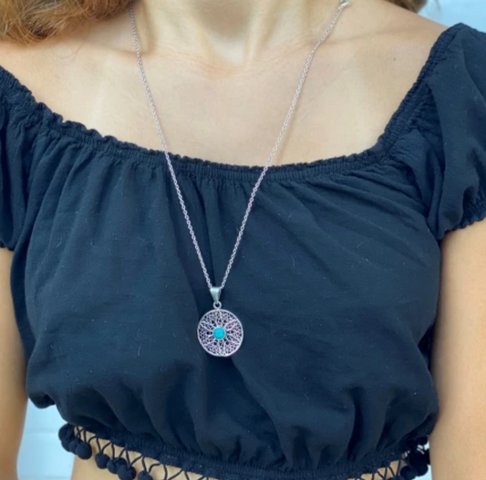 Jali Floral Turquoise Pendant on Brass Chain Necklace - CJ Gift Shoppe