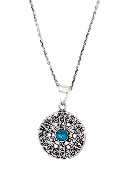 Jali Floral Turquoise Pendant on Brass Chain Necklace - CJ Gift Shoppe