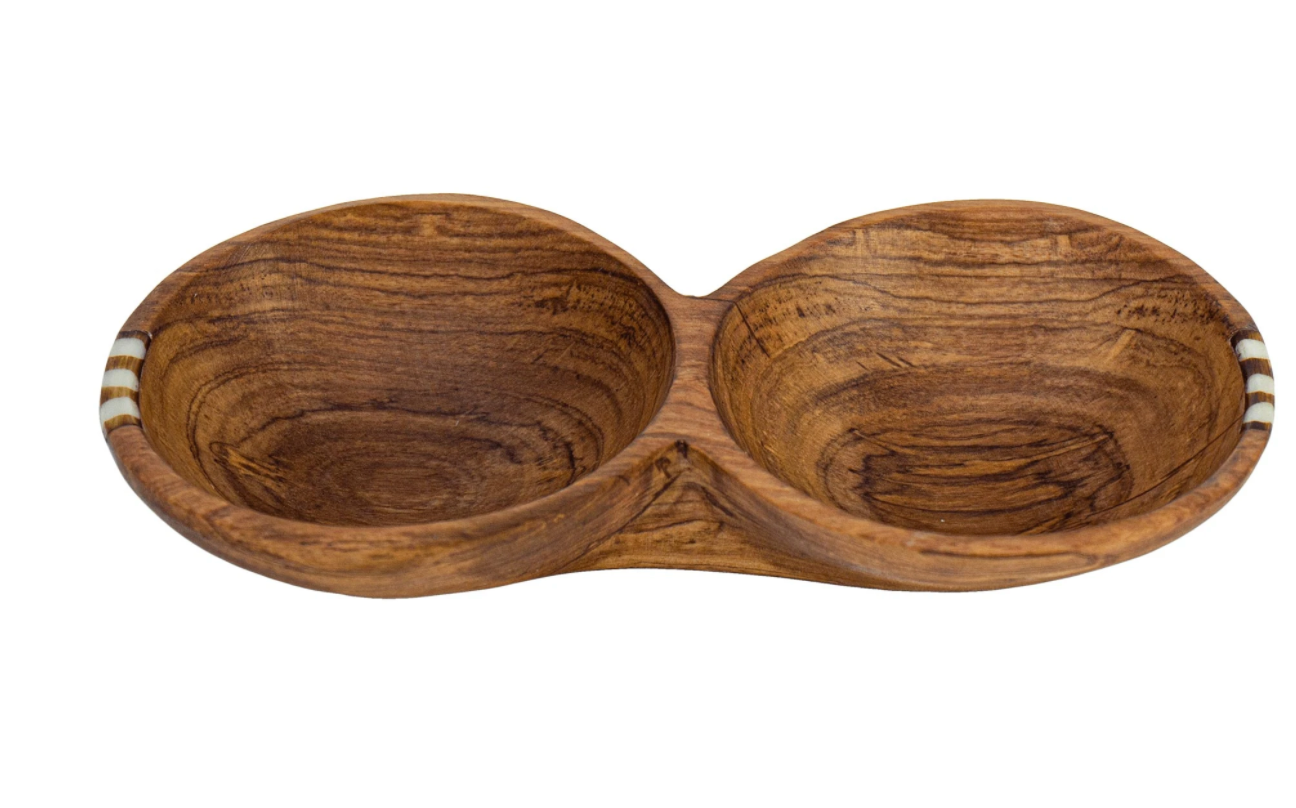 Rustic Double Olive Bowl with Bone Inlay - CJ Gift Shoppe