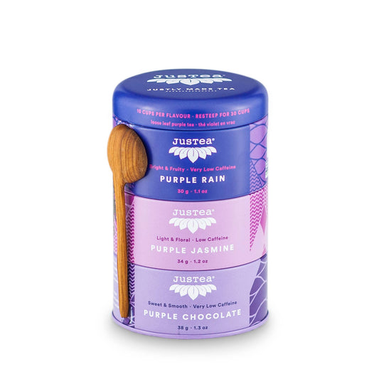 JusTea - Purple Tea Trio Tin & Spoon - Organic, Fair-Trade Tea Gift